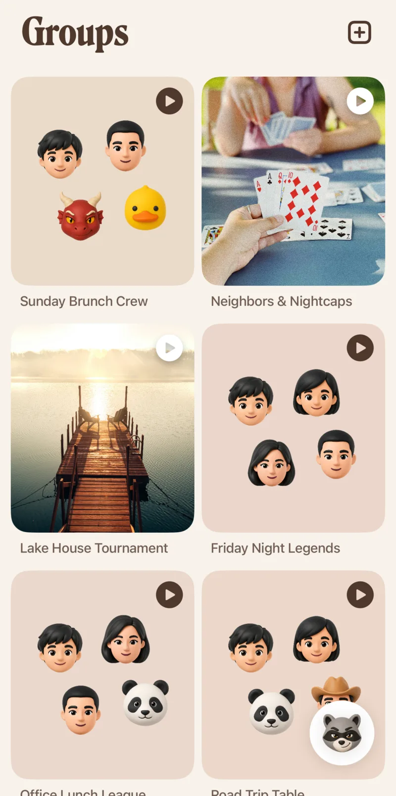 Good Game home screen — game groups with custom avatars