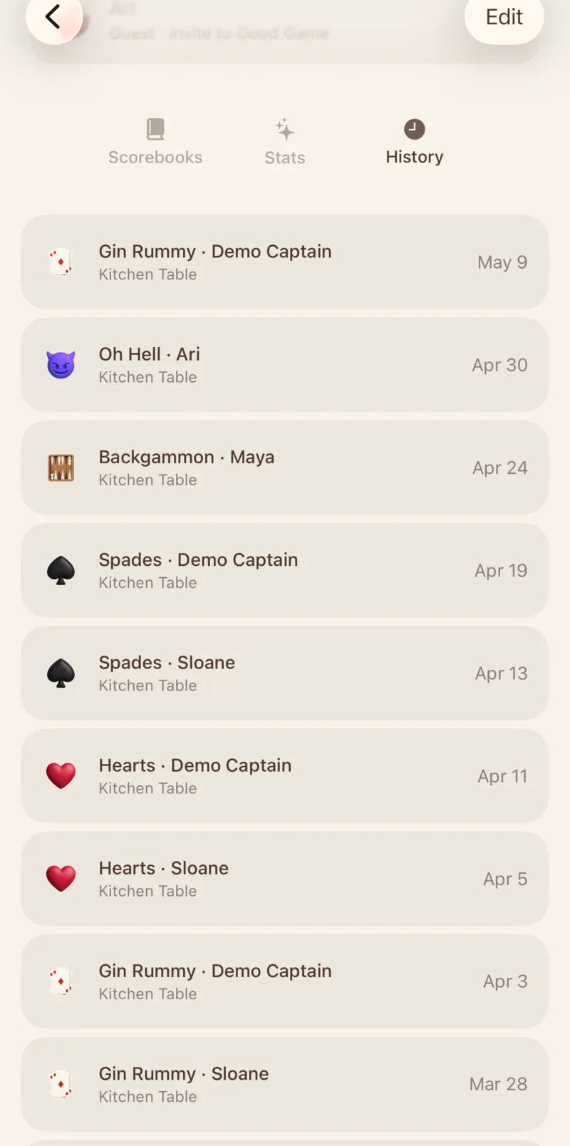 Good Game score book — chronological history of card games played at Kitchen Table