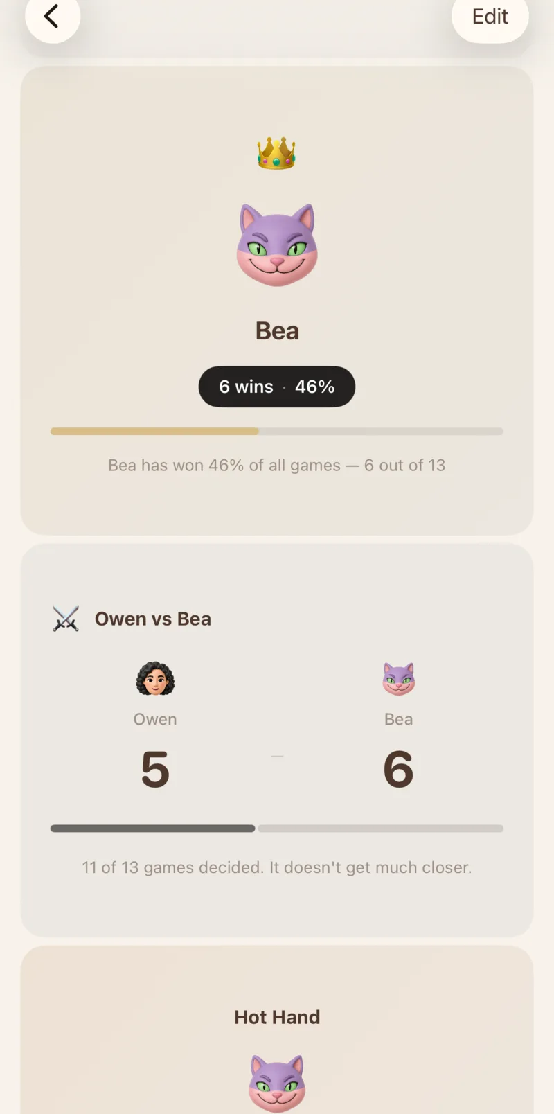 Good Game stats view — Bea leading with 46% win rate; Owen vs Bea head-to-head 5-6, with 'It doesn't get much closer' caption